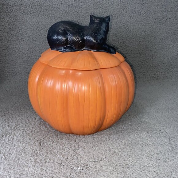 Sakura David Carter Brown Halloween Pumpkin with Black Cat Hollow Cookie Jar - Picture 3 of 8